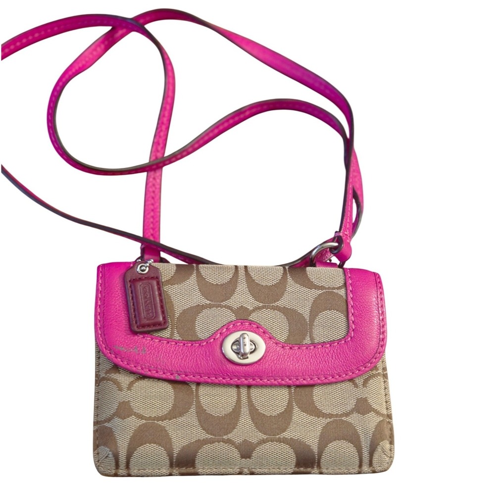 Coach Signature Canvas Crossbody Wallet Pink Fuchsia Turnlock Monogram Khaki